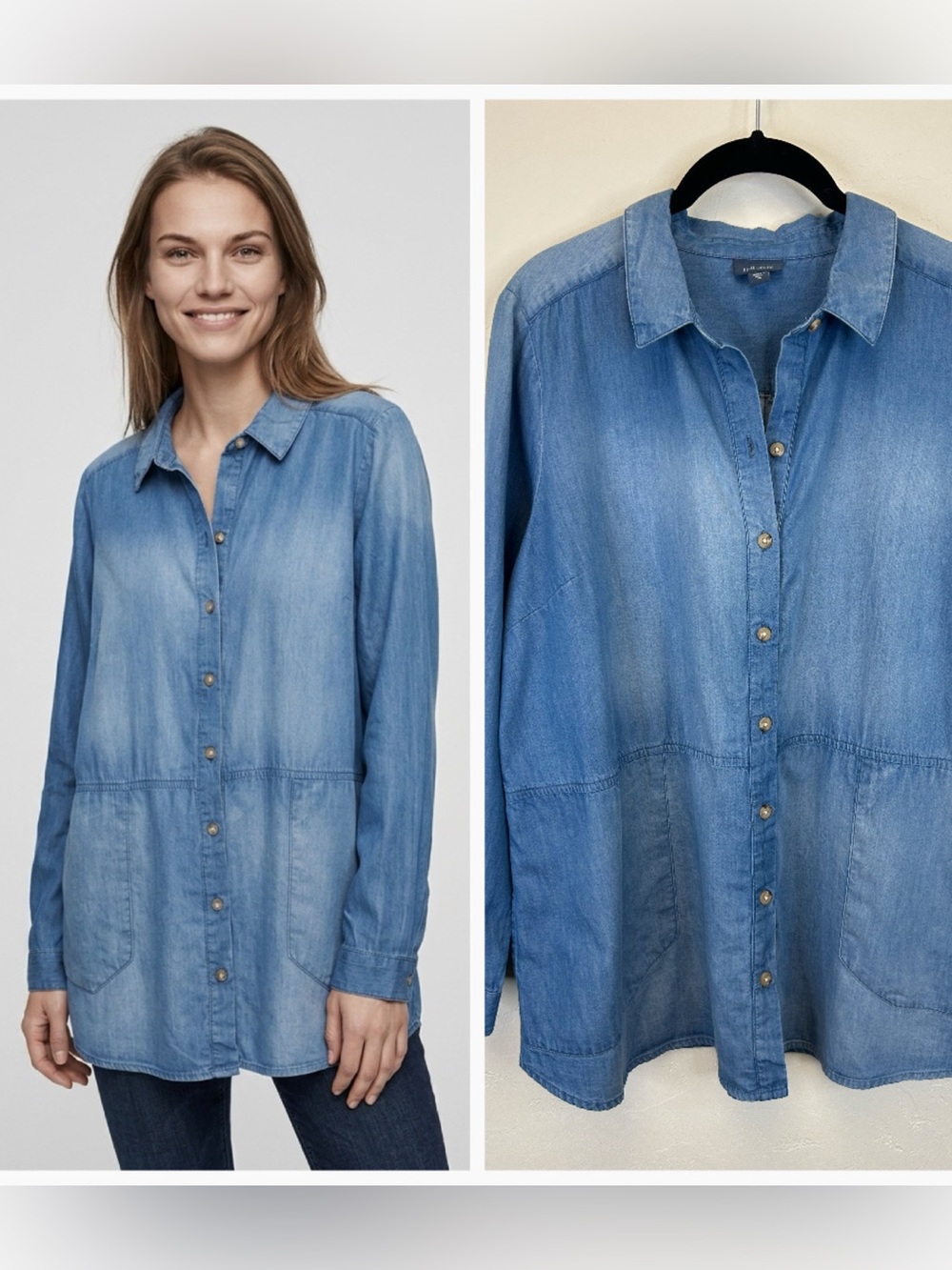 J.Jill Light Wash Denim Button Front Shirt Long Tunic Size M Pockets Everyday